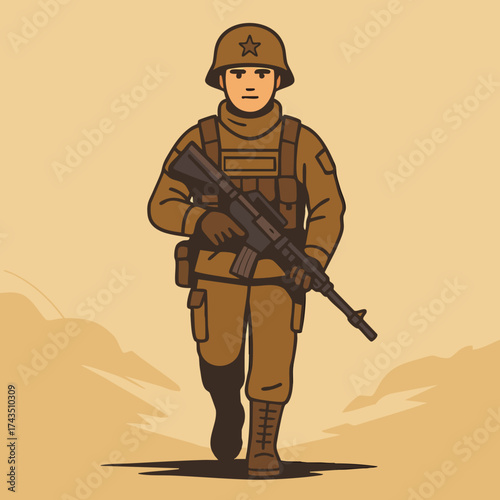 Modern Male Soldier with Rifle – Strength, Duty, and Heroism Concept – Flat Vector Illustration in Military Brown Tones