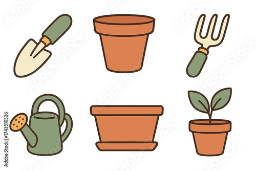 Collection of common gardening tools, terracotta pots, seedling, and watering can
