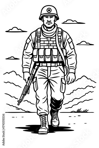 Male Soldier with Rifle Walking Through Mountain Landscape – Strength, Duty, and Patriotism Concept – Black and White Line Art Vector Illustration