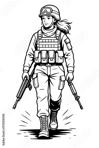 Female Soldier Holding Two Rifles – Empowerment, Strength, and Courage Concept – Black and White Line Art Vector Illustration