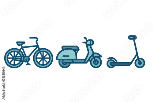 Urban personal transport icons showing bicycle, motor scooter, and electric kick scooter