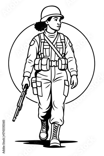 Female Soldier Looking Ahead with Rifle – Confidence, Readiness, and Empowerment Concept – Black and White Line Art Vector Illustration
