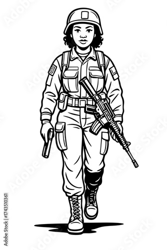 Female Soldier Holding Rifle and Pistol – Strength, Leadership, and Gender Equality Concept – Black and White Line Art Vector Illustration