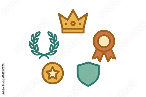 Premium quality achievement symbols including crown, laurel wreath, award badge, star medal, and shield