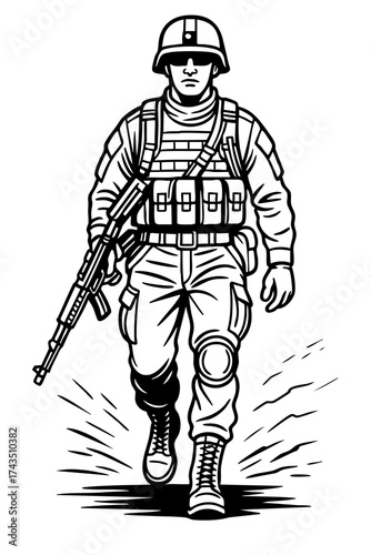 Male Soldier Walking with Rifle – Strength, Discipline, and Heroism Concept – Black and White Line Art Illustration in Modern Vector Style