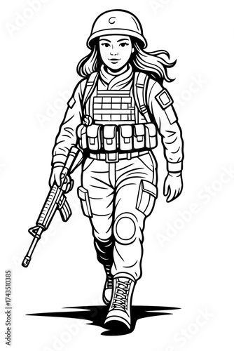 Female Soldier Walking with Rifle – Empowerment, Courage, and Military Service Concept – Black and White Line Art Illustration in Modern Vector Style