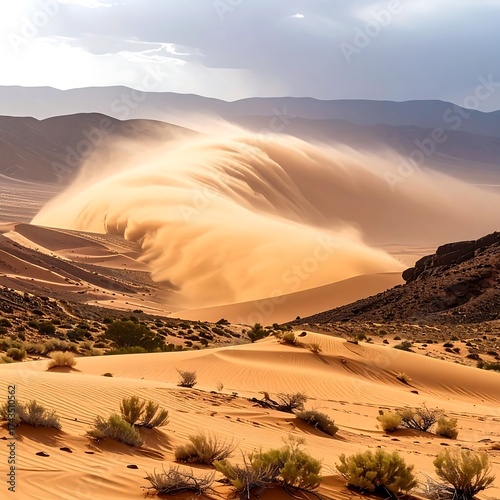 Sandstorm over desert dunes