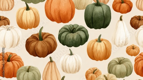 Hand-drawn illustration of a collection of pumpkins are arranged in a random pattern on a light beige background. Watercolor style. Generative AI