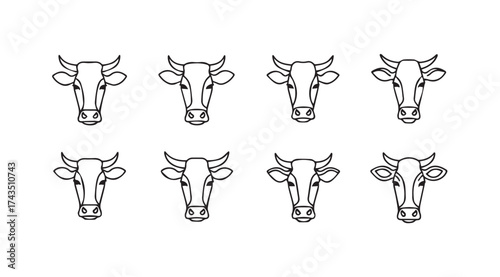 Eight detailed line art cow heads facing forward stylized for different breeds and expressions vector