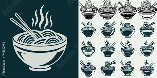 A collection of stylized illustrations of steaming bowls of noodles with chopsticks, presented in a monochromatic palette.