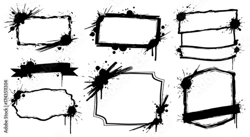 Create striking designs with these versatile grunge frames and banners, ideal for edgy promotions and artistic projects needing a raw, urban touch