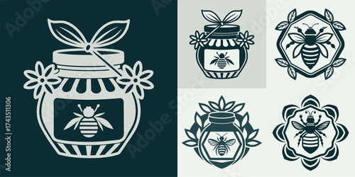 Collection of various honey jar and bee logo designs, perfect for branding and packaging.