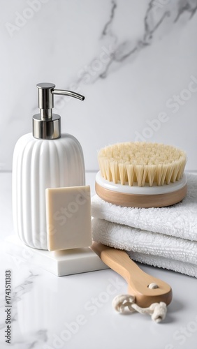 White bathroom essentials on marble