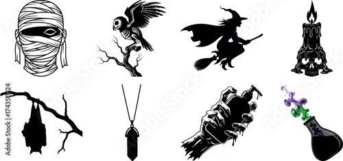 Vector art of halloween and horror themed icons including mummy and witch