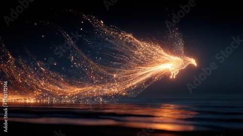 Glowing Phoenix Rising from Water with Sparkling Light Trails