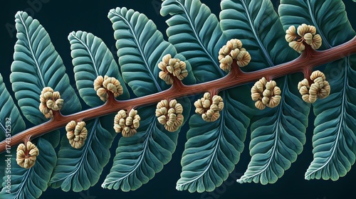 Detailed fern frond macro with spore capsules on branch against dark backdrop
