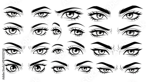 Anime Style Eyes Vector Set – Black and White Expressions for Illustration and Design