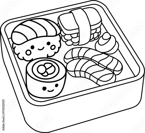 Kawaii sushi food icon for coloring book. Vector japanese roll character for adult self care stress relief. Cute bold line personage with rice, shrimp and tuna in wooden box