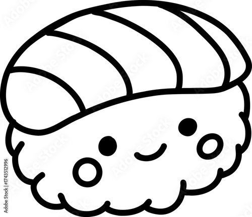 Kawaii sushi food icon for coloring book. Vector japanese roll character for adult self care stress relief. Cute bold line personage with rice and tuna