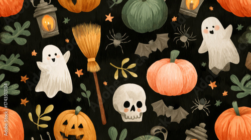 Hand-drawn Halloween-themed illustrations of pumpkins, spiders, ghosts, jack-o'-lanterns, broomsticks, bats, skulls in a pattern on a dark background. Watercolor style. Generative AI