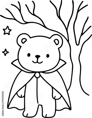 Cartoon Halloween bear character in cloak coloring page. Preschool printable sheet with bear, tree and stars. Vector holiday colouring book for kids and adults for stress relief