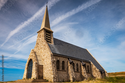 Notre-Dame-de-la-Garde Chapel on the top of the Amont Cliff, overlooking the city of Etretat, alabaster coast, department of Seine Maritime, Normandie region, France.