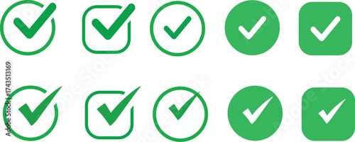 Approval Check Icon Set – Green Tick Quality Sign Isolated Vector