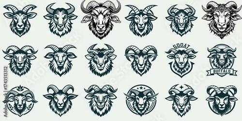 A collection of eighteen detailed, monochromatic illustrations featuring various ram, goat, and sheep heads, perfect for logos or mascots.