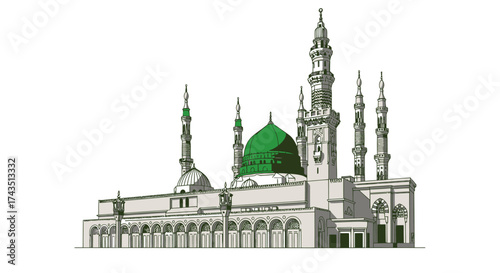 Spectacular Al-Masjid an-Nabawi drawing with intricate details showcasing Islamic architecture and design for travel and religious inspiration