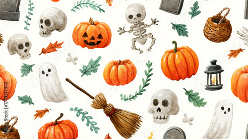 Hand-drawn Halloween-themed illustrations of pumpkins, skeletons, ghosts, broomsticks, skulls, tombstones in a pattern isolated on a white background. Watercolor style. Generative AI