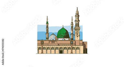Stunning Masjid an-Nabawi illustration, perfect for travel brochures, educational materials, and celebrating Islamic heritage with elegant design