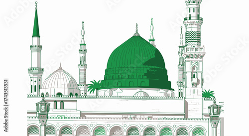 Stunning Masjid an Nabawi illustration with green dome and intricate details evoking spiritual beauty and cultural richness for travel and design