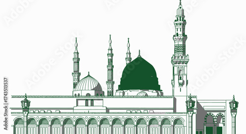 Stunning architectural drawing of the Prophet's Mosque in Medina, showcasing Islamic heritage and design, ideal for cultural projects and travel promotions