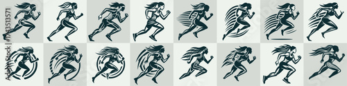 A collection of sixteen monochrome graphic illustrations depicting a powerful woman running in various styles.