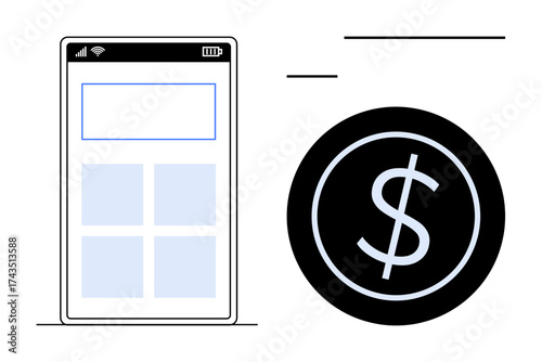 Smartphone screen with app layout next to a large dollar coin. Ideal for finance, banking, payment, e-commerce, online shopping, digital wallet, technology. Simple flat metaphor