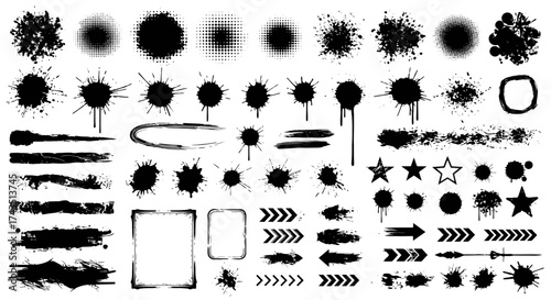 Grunge design elements for creative projects like posters, flyers, and web designs needing a unique and artistic touch with ink splatter effects
