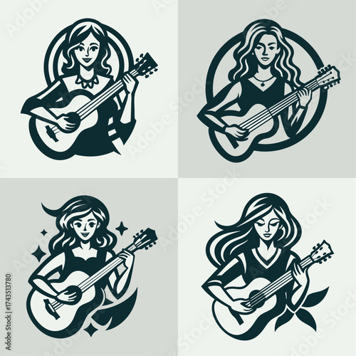 Four monochrome illustrations of women playing acoustic guitars, designed as stylized logos or emblems for music-related themes.