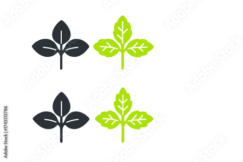 Minimalist graphic symbols of three-leaf plant sprouts in contrasting colors