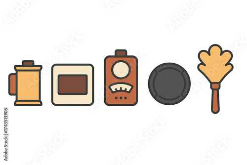 Analog photography tools collection including film light meter lens cap and brush