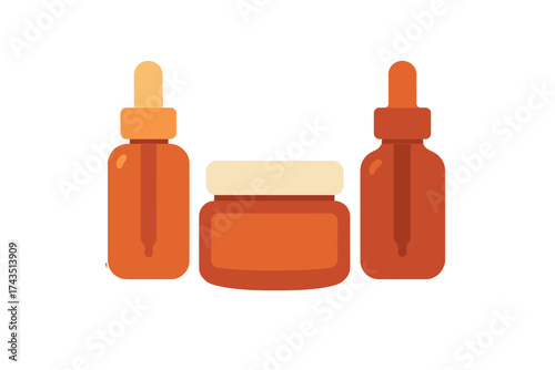 Set of cosmetic packaging containers including two dropper bottles and a cream jar in warm orange and brown tones