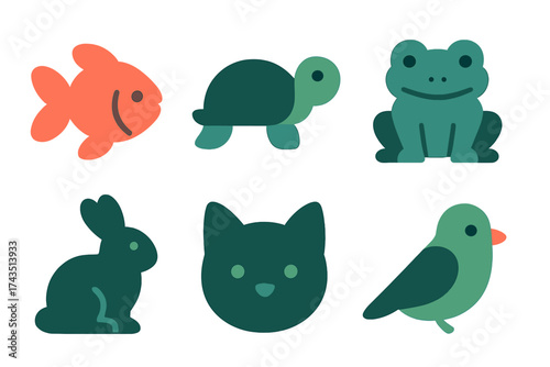 Set of six cute minimalist animal icons featuring a fish, turtle, frog, rabbit, cat, and bird