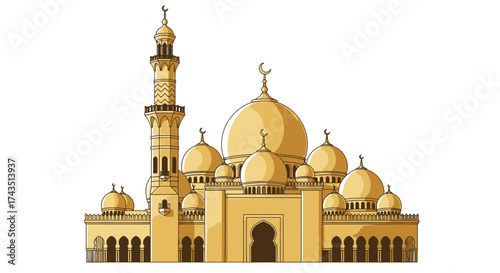 Stunning golden mosque architecture with crescent moon, perfect for Ramadan greetings, Middle Eastern designs, and Islamic culture projects