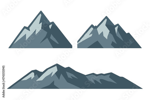 Set of three stylized mountain peak symbols in geometric flat design for nature and adventure