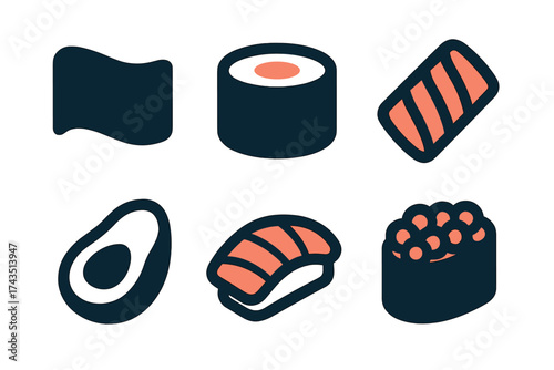 Minimalist flat design icon set featuring sushi, sashimi, avocado, and nori ingredients