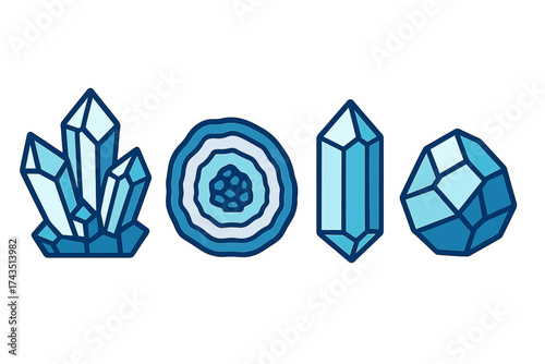 Blue geometric mineral shapes including quartz cluster and polished geode