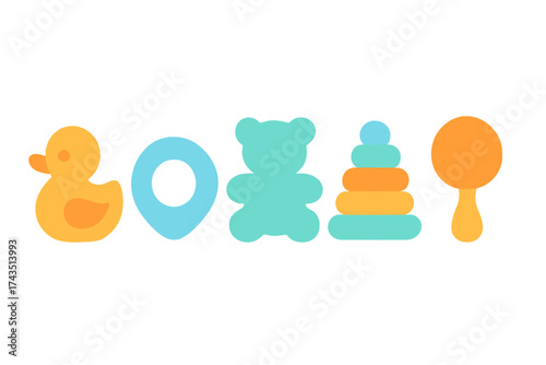 Collection of essential baby toys including rubber duck, teddy bear, and stacking rings