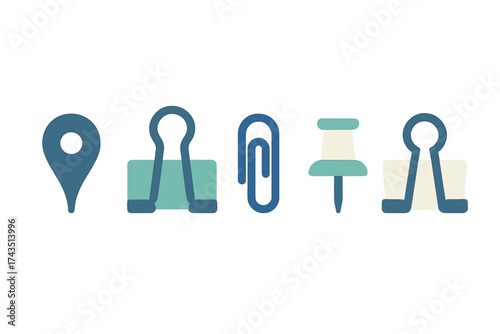 Essential office supplies and stationery icons set featuring clips, pin, and location marker