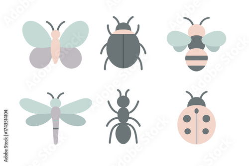 Adorable pastel colored insects including butterfly beetle bee dragonfly ant and ladybug