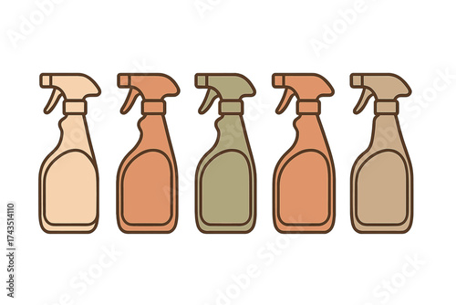 Five identical plastic spray bottles for cleaning products lined up horizontally in neutral colors