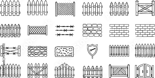 fence, icon, set, simple, vector, isolated, black, walled, fenced, paling, garden, wooden, rural, picket, gate, chain, farm, link, iron, panel, wood, security, barrier, backyard, home, village, stone,
